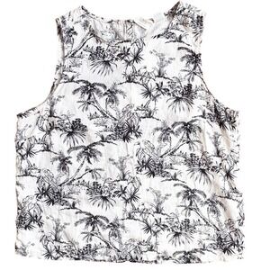 C&C California Linen Tank Top Palm Tree Toile Print, Women Medium White Black